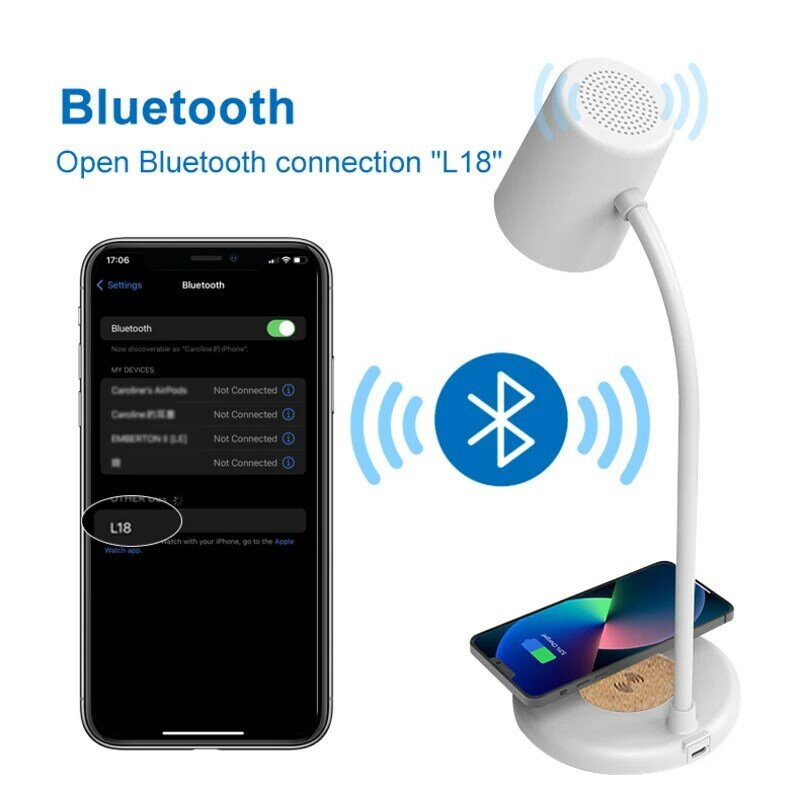 10W Sạc Không Dây Chuẩn QI Led Để Bàn Mắt Bảo Vệ Đèn Để Bàn Kèm Loa Bluetooth Cảm Ứng Âm Trần Đọc Đèn Chiếu Sáng Ban Đêm