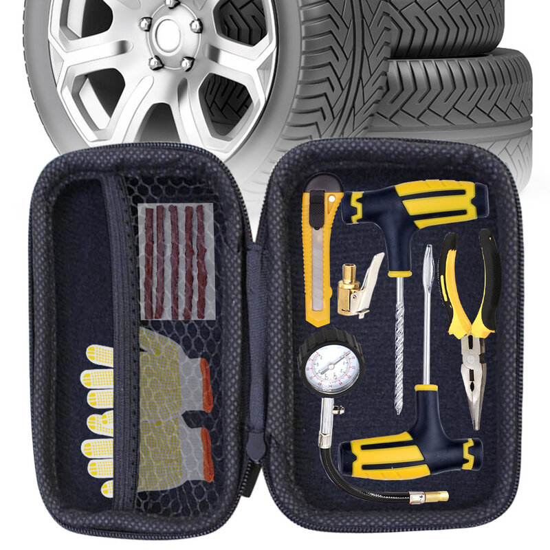 Kit de ferramentas de reparo do pneu do carro com saco de armazenamento eva garagem studding ferramenta conjunto automóvel motocicleta sem câmara pneu punctura plug