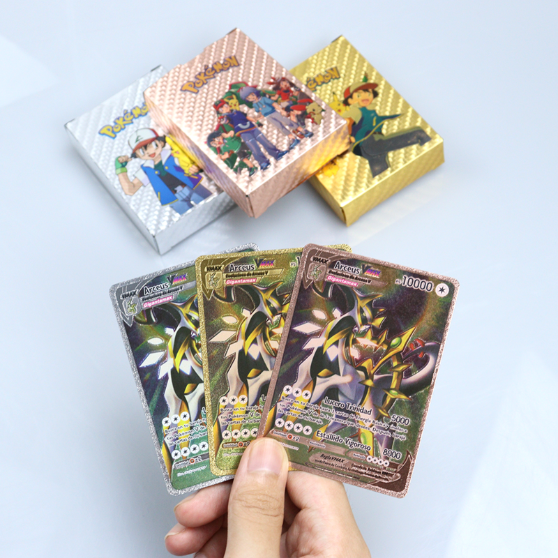Boîte à cartes Pokemon arc-en-ciel en plastique, feuille or Rose, Imitation métal allemand français espagnol coréen argent noir Charizard Pikachu Vmax
