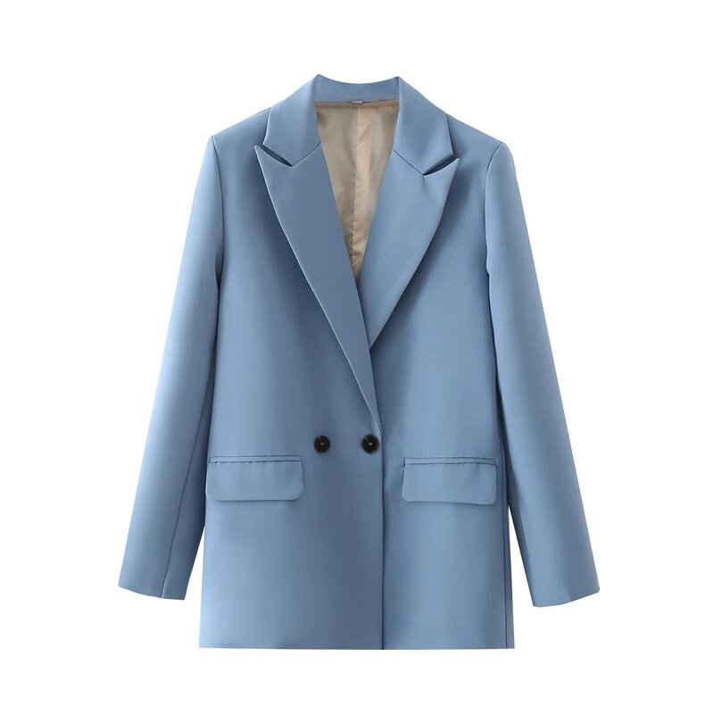 Mantel Blazer Kantor Wanita untuk Musim Dingin Mode Pakaian Kerah Berkancing Dua Baris Warna Solid Jaket Setelan Saku Lengan Panjang Klasik