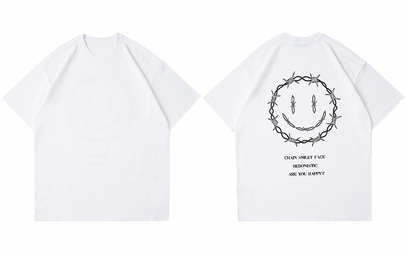 Camisetas masculinas hip hop corrente sorriso rosto impressão oversized t camisa streetwear harajuku casual algodão solto manga curta camisetas