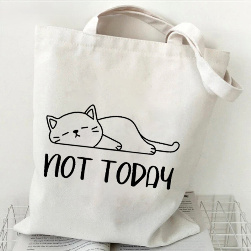 Não hoje casual gato bolsa de lona kawaii tote saco dos desenhos animados animal para as mulheres bonito gato tote moda shopper sacos de ombro sacos de mão