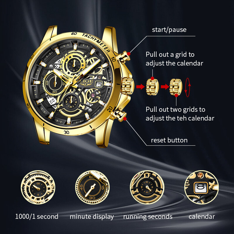 Часы наручные LIGE Мужские кварцевые с хронографом, Роскошные водонепроницаемые спортивные в стиле милитари, из нержавеющей стали