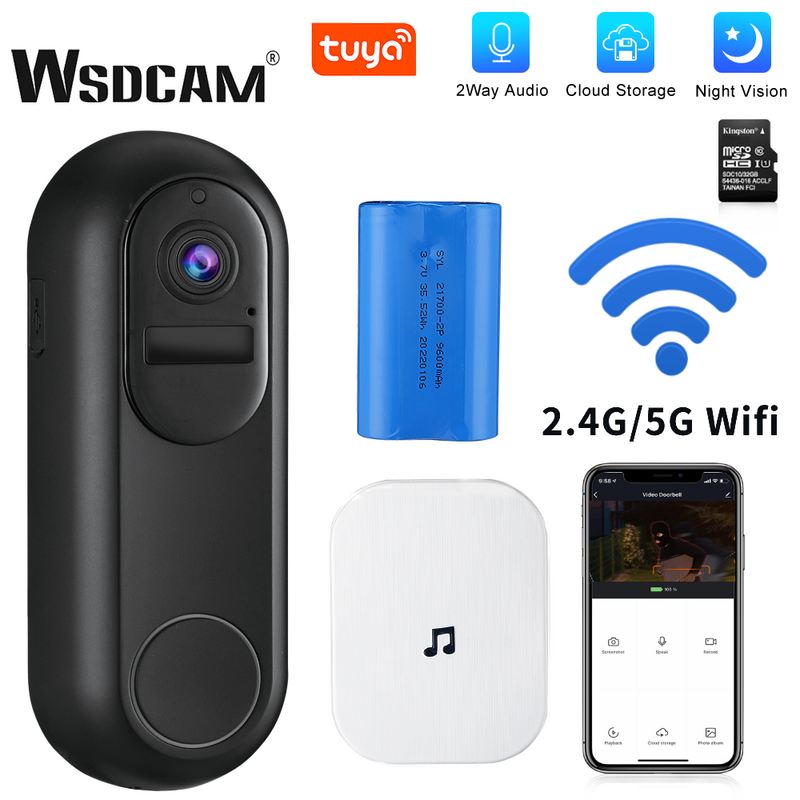 Wsdcam Video Deurbel Tuya Wifi Draadloze Deurbel Camera 1080P Hd Nachtzicht Intercom Deurbel Smart Home Security Bescherming