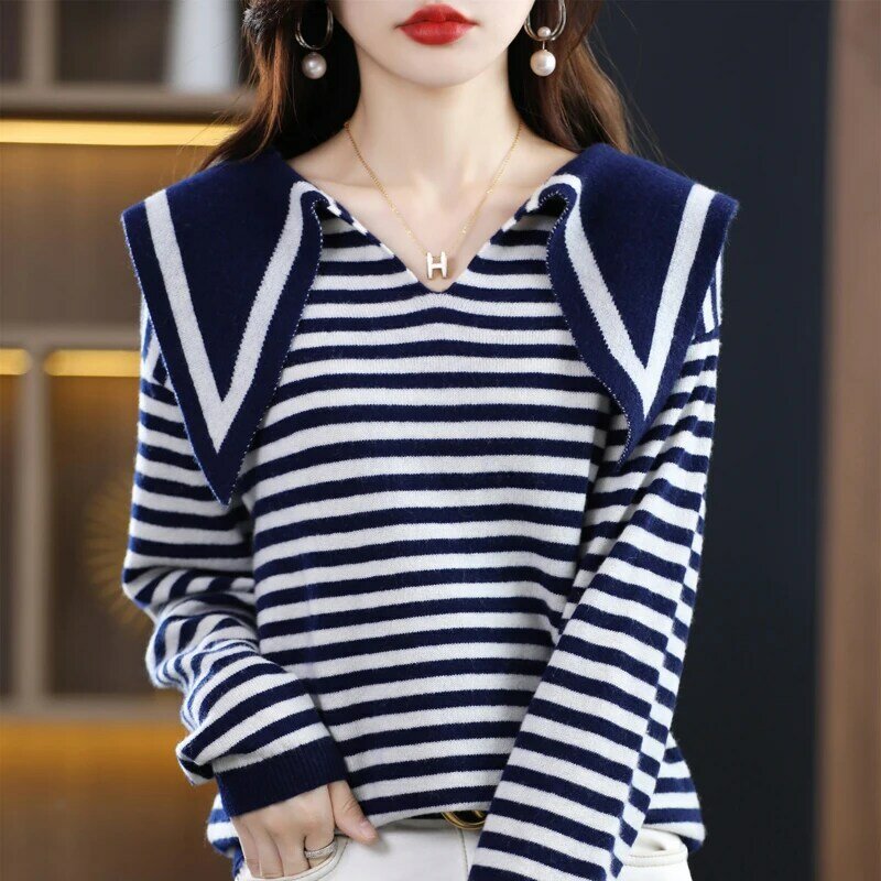 Wool Knitted Sweater Women's Pullover Autumn Winter 2022 New Design Small Heart-Collar Striped Loose Long-Sleeved Bottoming Tops