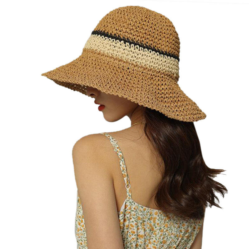 Colorblock listras respirável legal praia chapéu de palha rafia feminino férias balde dobrável chapéus bacia chapéu vestido colocação