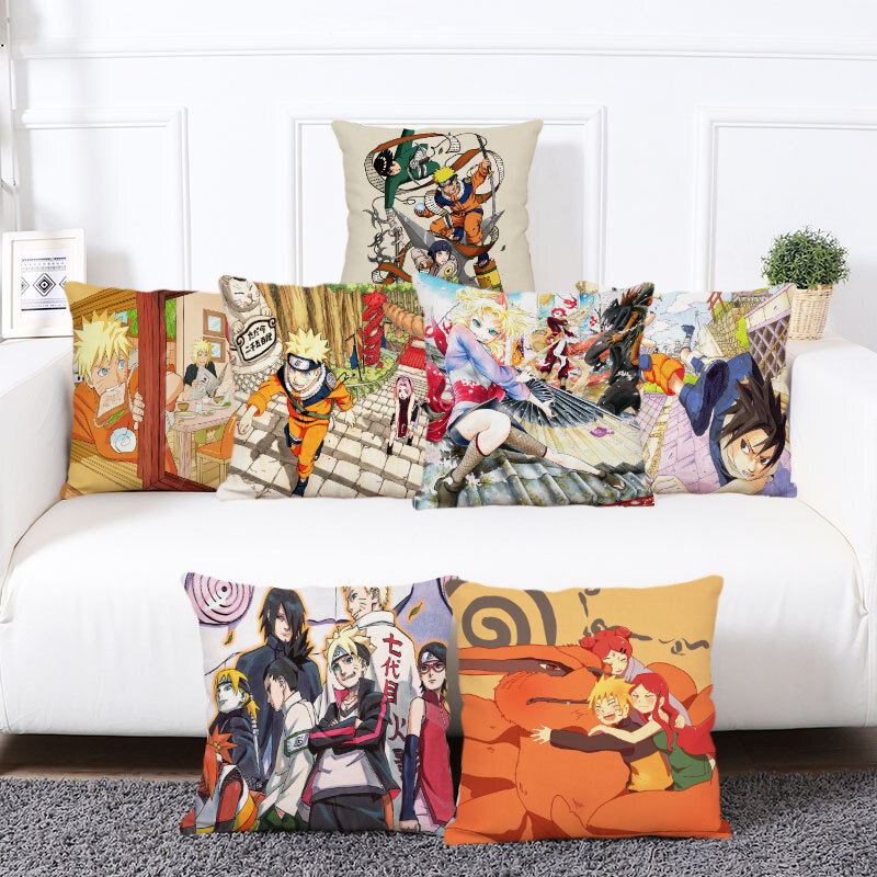 Fundas de almohada con estampado de Naruto, 45x45cm, Kakashi Sasuke, de lino, para decoración del dormitorio de los niños, para el hogar, sofá, Coche