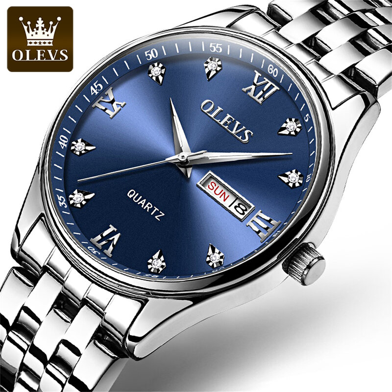 Olevs pulseira de aço inoxidável relógios de alta qualidade para homem à prova dwaterproof água quartzo moda masculino relógios de pulso calendário semana exibição