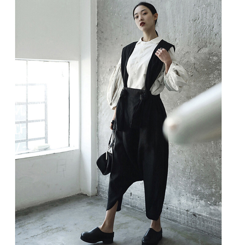 Nuova primavera stile giapponese unico Streetwear solido nero gamba larga tuta allentata pantaloni cinturino abbigliamento Casual pagliaccetto tuta apw14