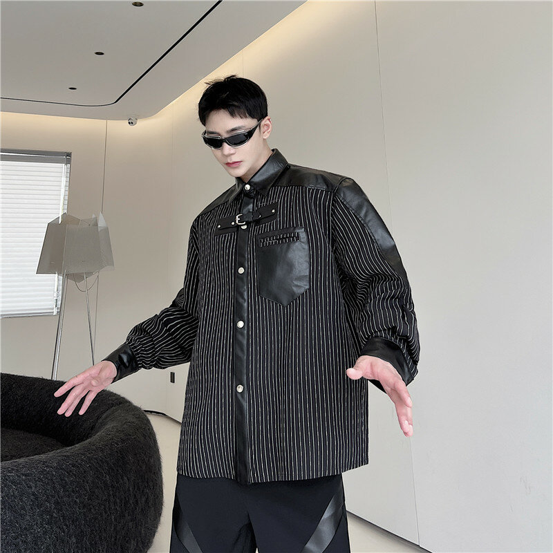 Chic เสื้อผู้ชาย Original Designer Patch วัสดุ PU เสื้อแขนยาวฤดูใบไม้ร่วงบาง Oversize Top สไตล์ญี่ปุ่น Dark ผู้ชายเสื้อผ้า