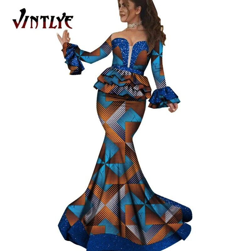 Conjunto de 2 piezas de ropa africana para mujer, traje elegante con estampado de Ankara, falda larga y camisa superior, vestidos africanos de noche para fiesta WY5844