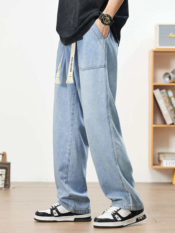 Jeans biru muda musim panas celana Denim lurus tali serut kain katun Lyocell Softable celana Jeans longgar kasual kaki lebar