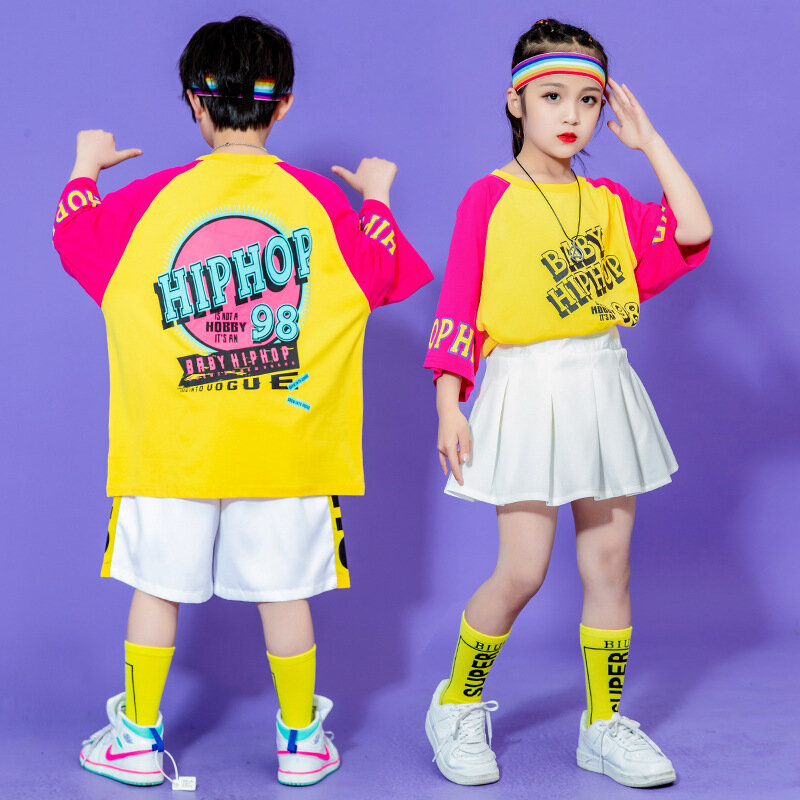 Anak Kpop Pakaian Hip Hop Kaus Besar Atasan Musim Panas Celana Pendek Rok Berlipat Mini untuk Anak Perempuan Laki-laki Set Baju Kostum Tari Jazz