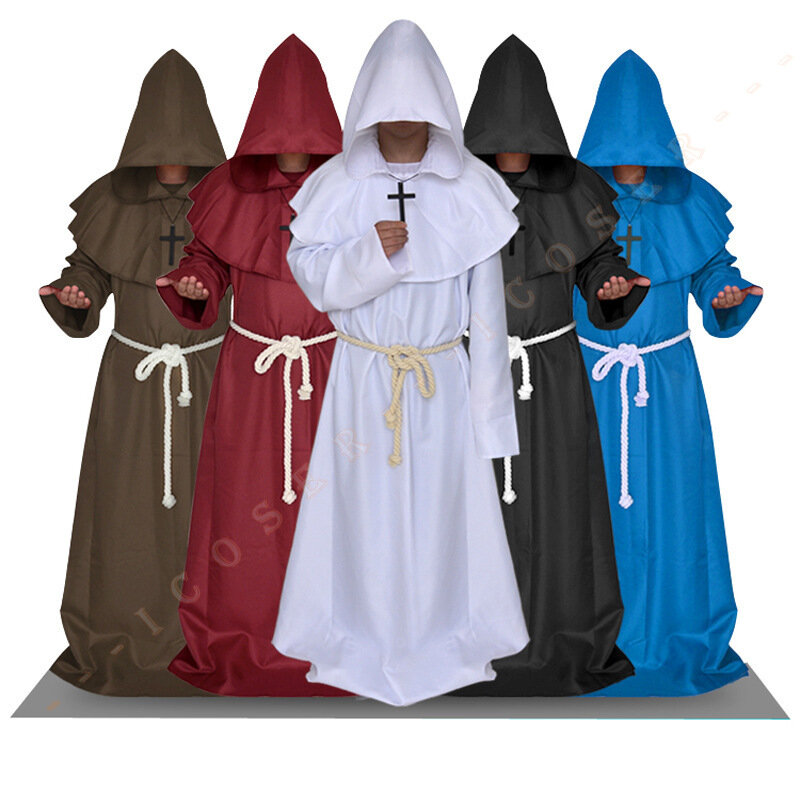 Medieval Halloween Cosplay Costume Christian Priest Uniform Hooded Monk Robe Wizard Friar Robe Ghost Devil Cloak Party Outfit