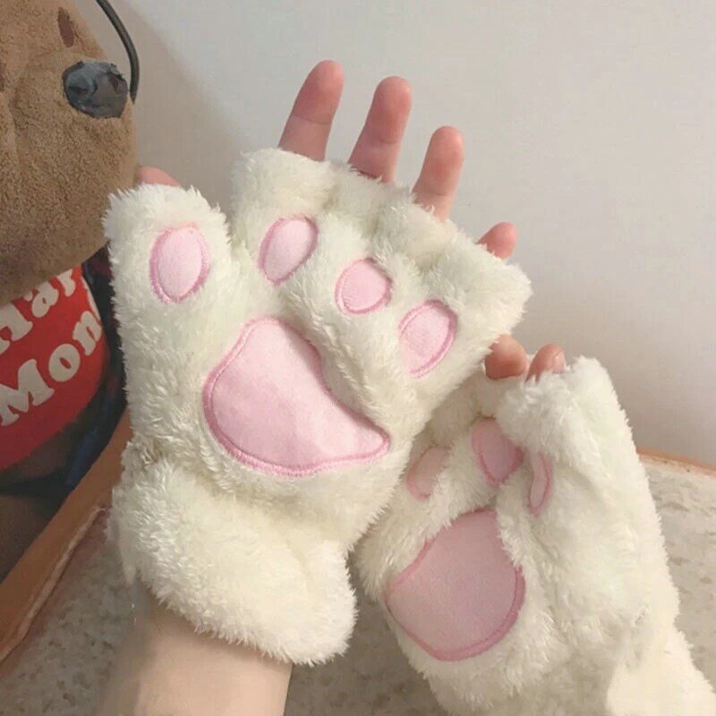 Soft Warm Plush Fingerless Panda Gloves Flip Half Finger Mittens Women Winter Cute Cat Paw Fluffy Glove Girls Christmas Gifts