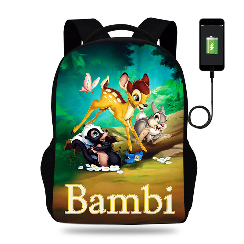 Moda disney bambi mochila menino menina saco de escola adolescente carregamento usb diário viagem mochila estudante mochilas