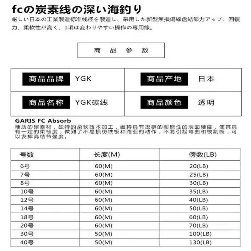 Japan Ygk Originele Sterkte Vislijn Fluorocarbon Transparant Monofilament Galis Fc Lijn Absorber 70lb YGK-N830