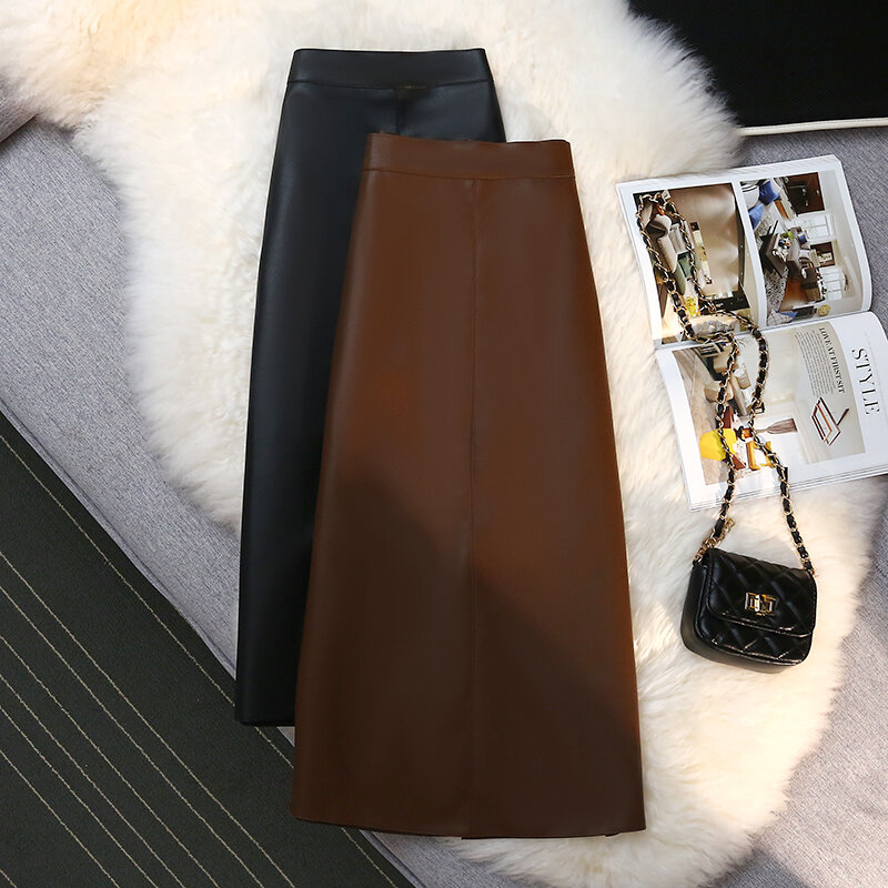 تنورة من الجلد الصناعي من Wisher & Tong 2022 تنانير نسائية شتوية عالية الخصر بتصميم كوري أنيق تنورة متوسطة سوداء طويلة ملابس نسائية