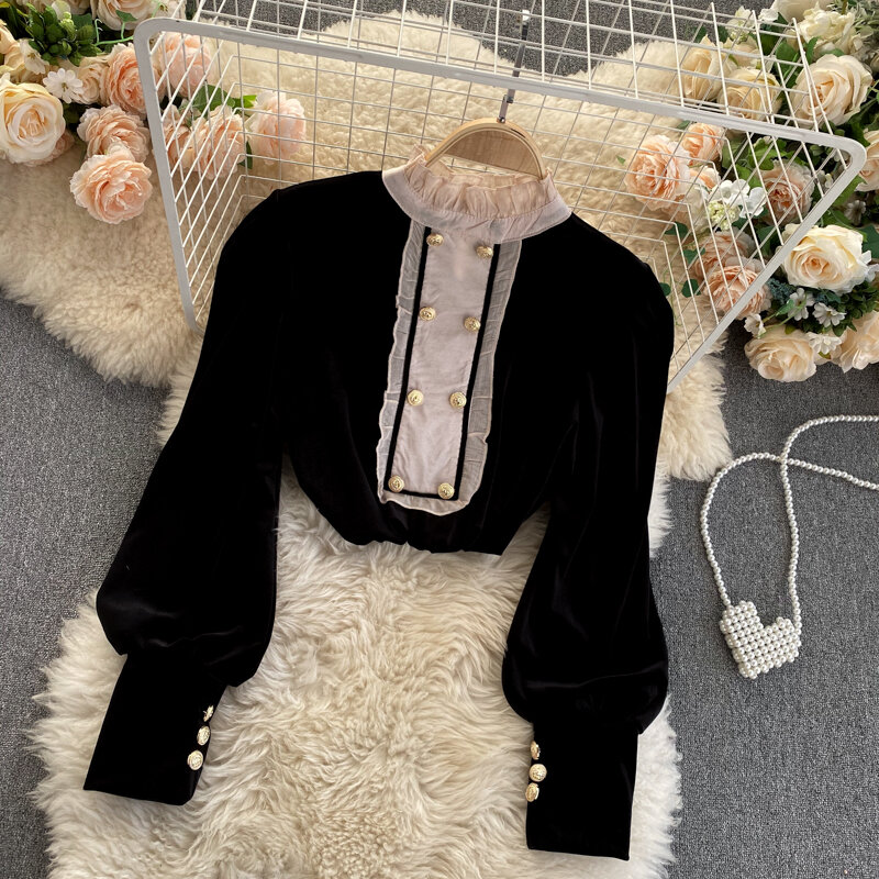 Senhoras blusa elegante doce agaric borda colar emendado vintage veludo topo para as mulheres outono e inverno
