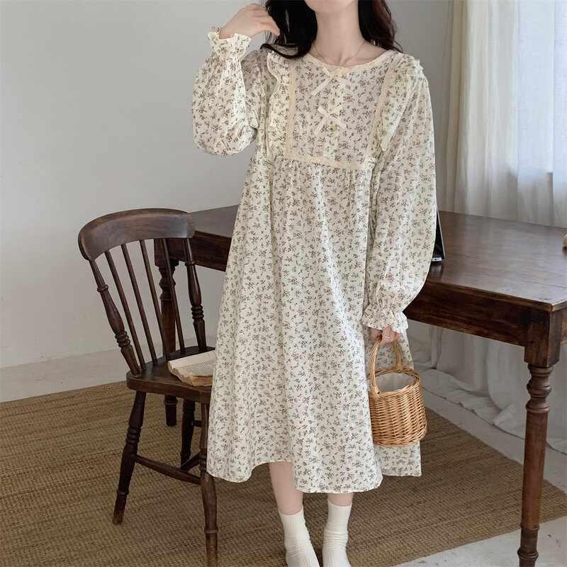 Korean Sleepwear Long Sleeve Nightgown Cute Women Vintage Floral Print Home Clothes Gauze Cotton Cute Nightdress New Autumn S099
