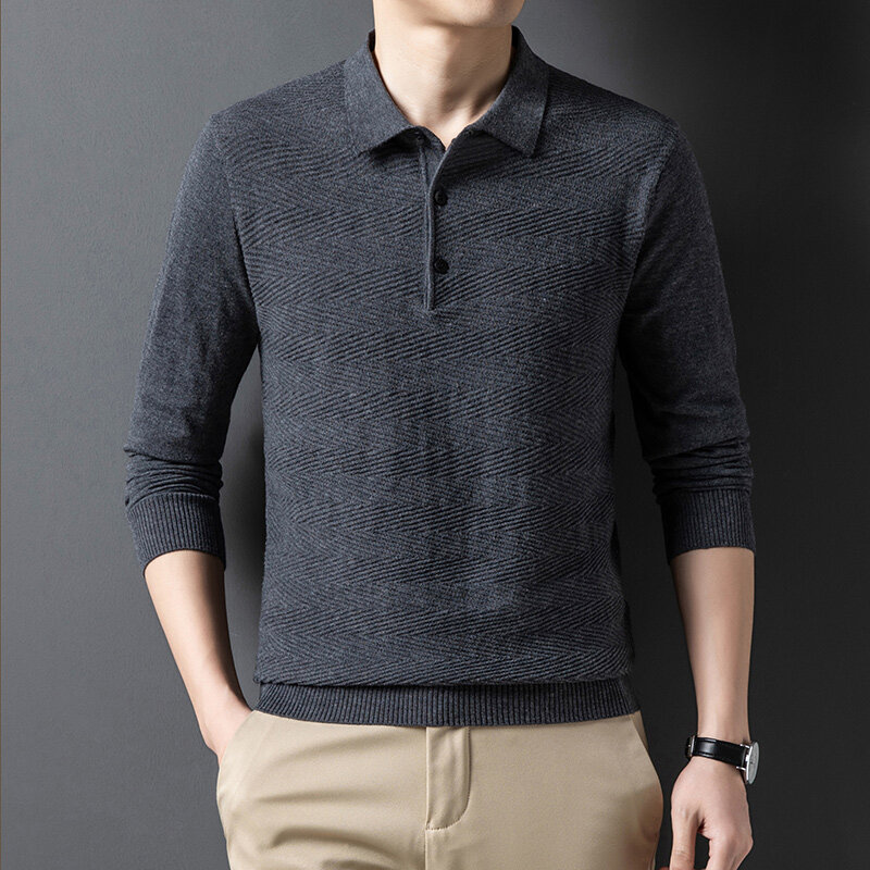 Autumn/Winter New Arrival: Polo Collar Solid Color Jacquard Wool Blend Sweater for Business and Casual Wear Loose Fit Polo Shirt