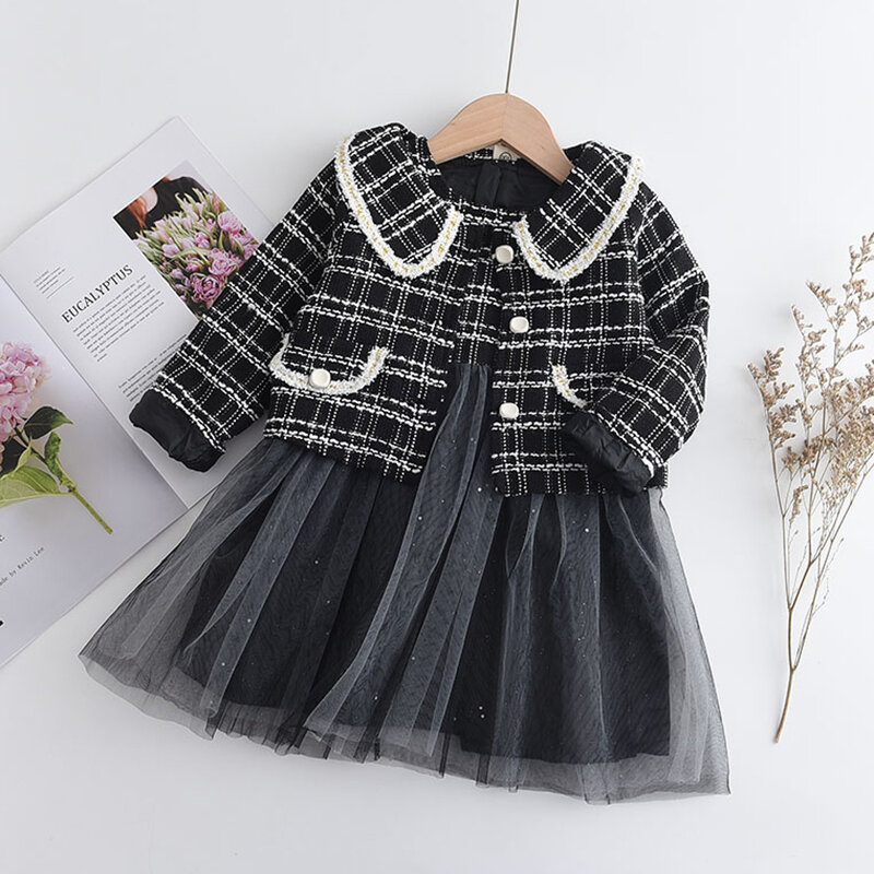 Bear Leader/платье для девочек коллекция 2022 года, зимнее платье с геометрическим узором Одежда для девочек с длинными рукавами Топ, пальто + плать...