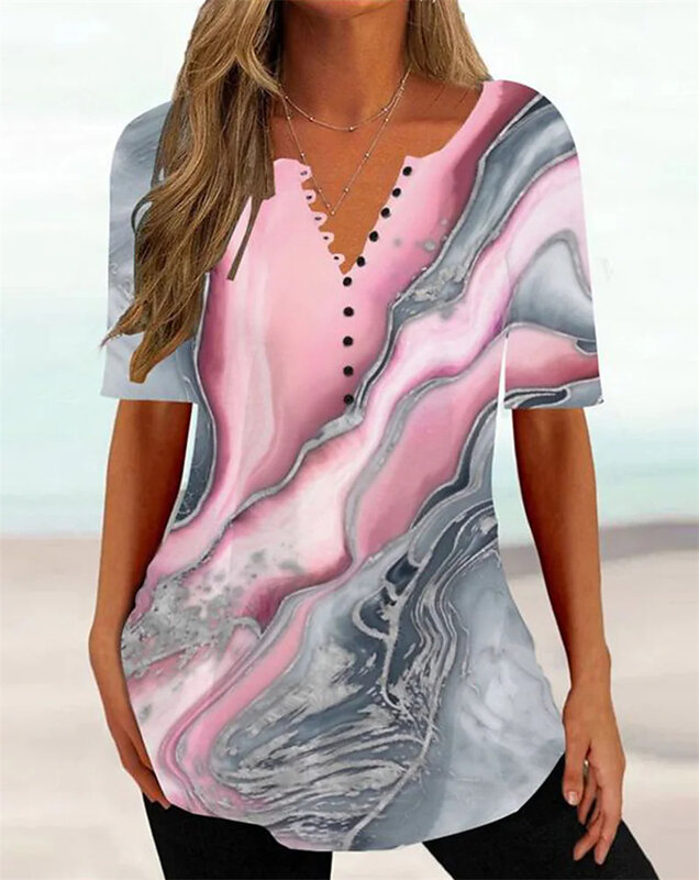 Jersey plisado de manga corta con cuello en V para mujer, ropa informal holgada con botones, Top femenino 2023