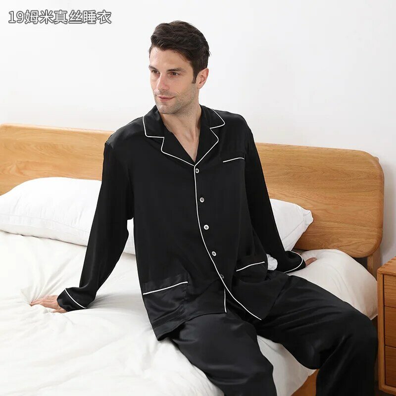19mm Mulberry Silk Men Classic Long-sleeve Trouser Pajama Set Four Season Comfortable 100% Real Silk Sleepwear Family Pajama Set