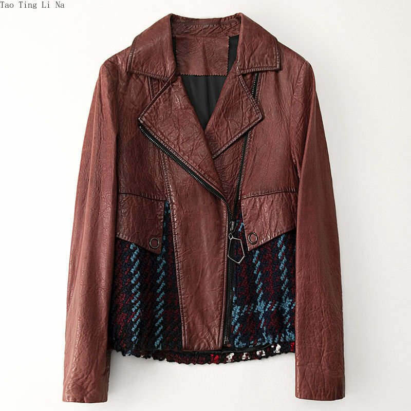 2023 Women Patchwork Woolen Genuine Sheepskin Leather Jacket Fashion Suit Collar Motorcycle Real  Sheep Leather Jacket H9