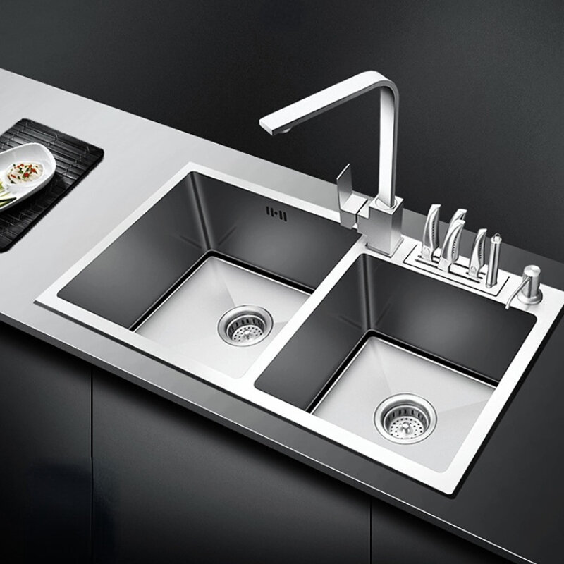 Classic Stainless Steel Sink Home Kitchen Sink Thickened Handmade Double Groove Sink Bowl Multifunctional Table Board