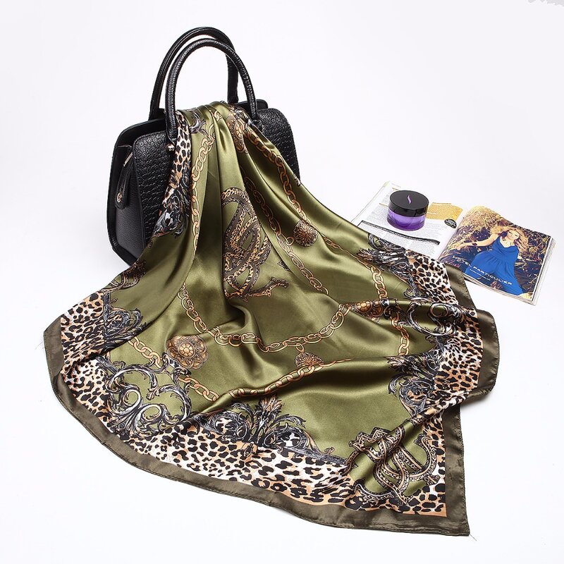 Foulard Hijab en Satin de soie imprimé pour femme, 90x90cm, carré, marque de luxe, à la mode