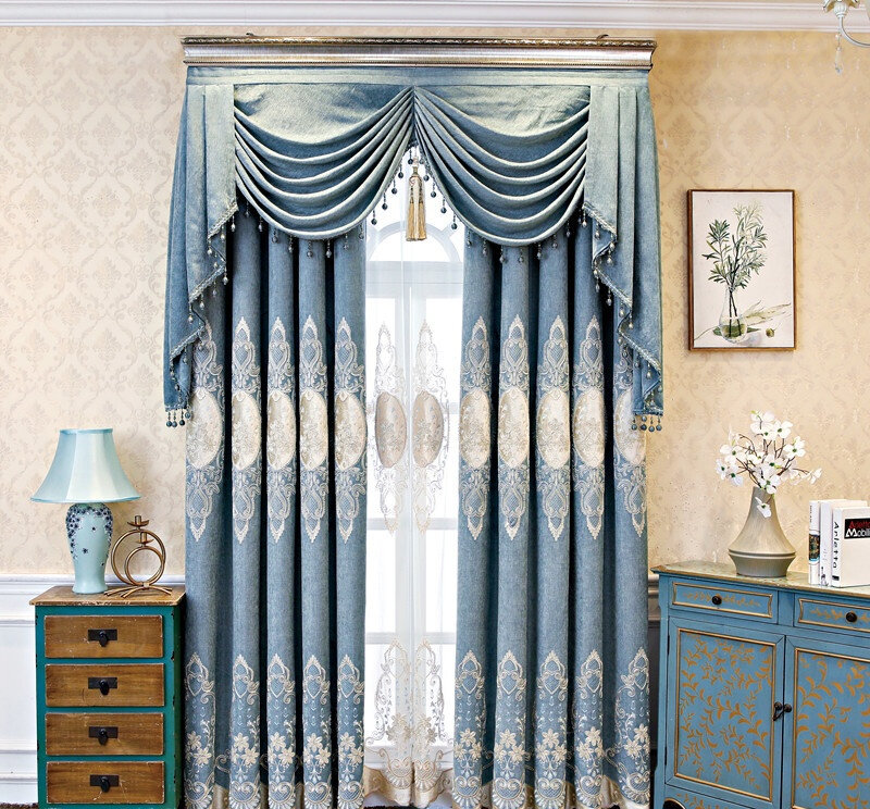 New Blue European-style Luxury High-grade Curtains Thick Chenille Embroidered Curtains Bedroom Curtains Finished Customization