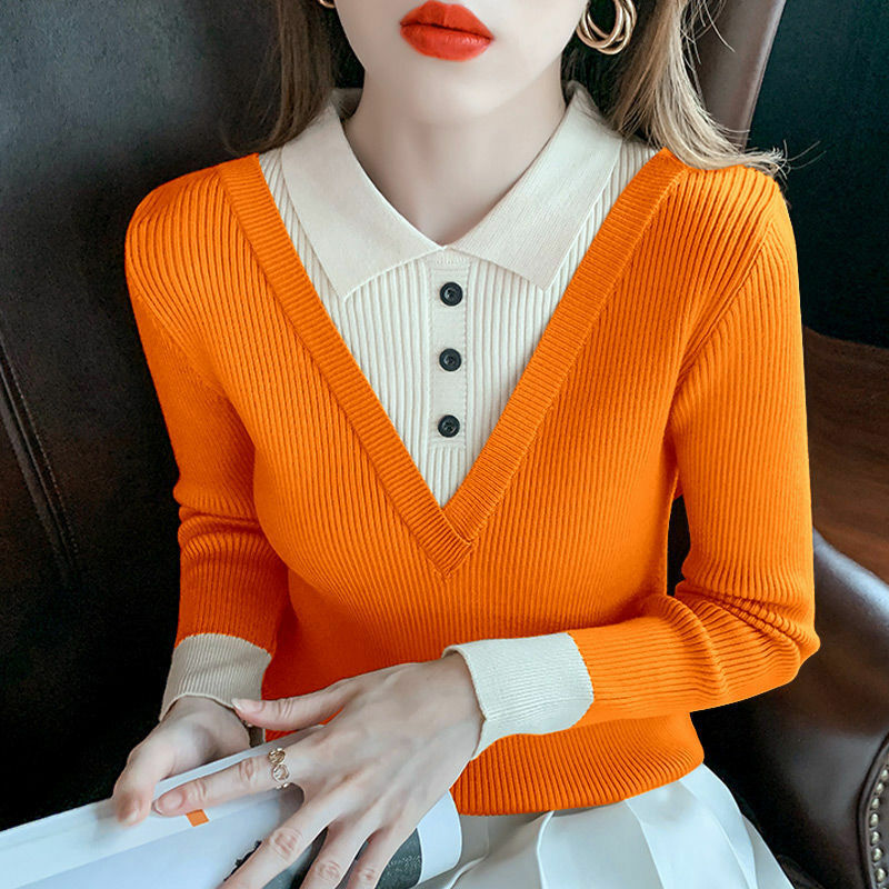 Mulher outono inverno malha blusas falso duas peças contraste cor retalhos botão fino moda feminina casual pulôver camisola