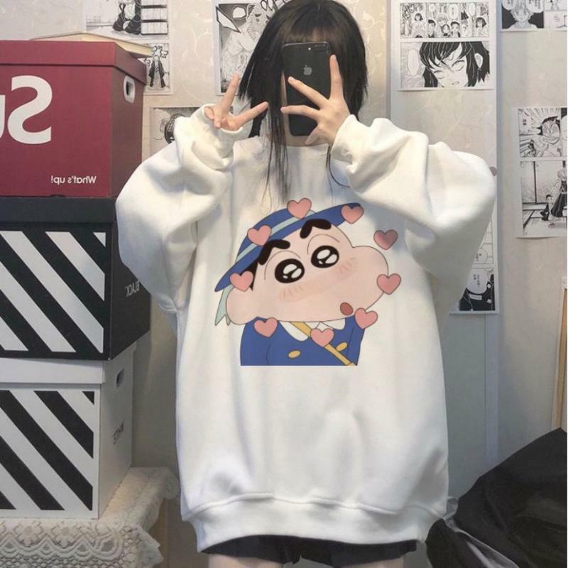 Crayon Shin-Chan Round Neck Sweater Lady Loose Cartoon Print Students Casual Hoodies S-3Xl Kawaii Anime Plush for Couples Dress