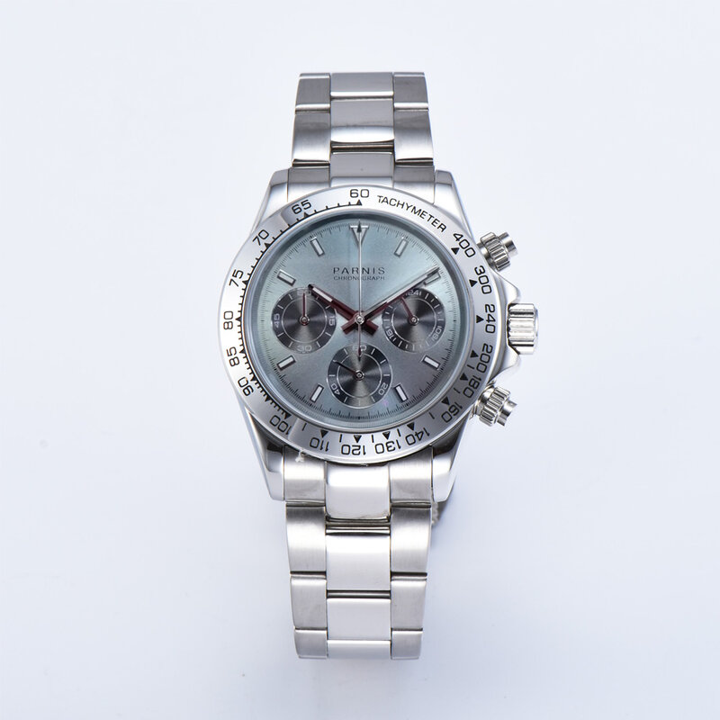 แฟชั่น Parnis 39มม.สีเทา Dial Quartz Chronograph นาฬิกา Silver Bezel Sapphire คริสตัลสายคล้องคอสแตนเลสชายนาฬิกา2022