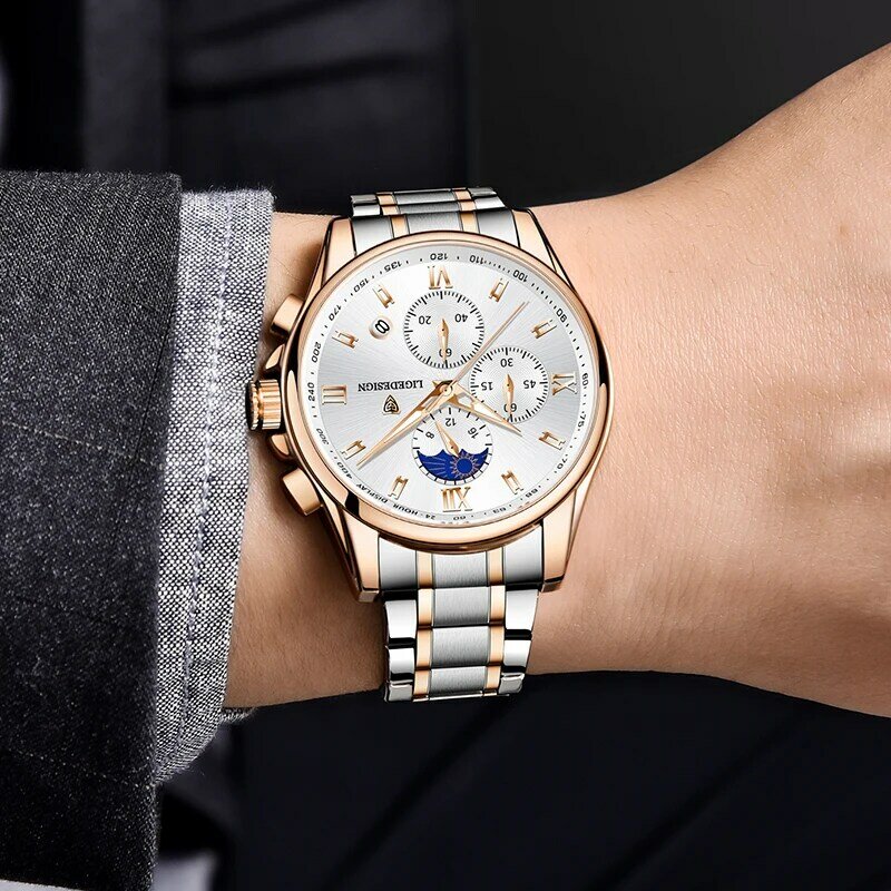 Lige relógios de aço inoxidável para homens data moda luminosa dial com cronógrafo relógio masculino casual relógios de pulso