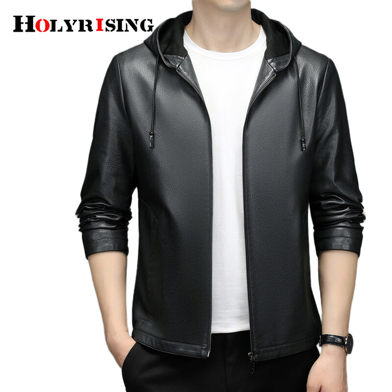 Holyrising – manteau en cuir PU à capuche pour homme, veste de motard en Faux cuir, classique, doux, business, décontracté, hiver, NZ228