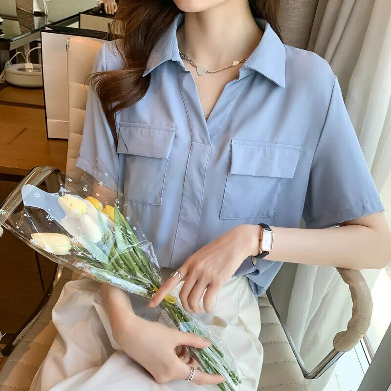 Verão novo estilo solto e fino temperamento de manga curta camisa feminina estilo porto leve cozida camisa 95g, 412-14