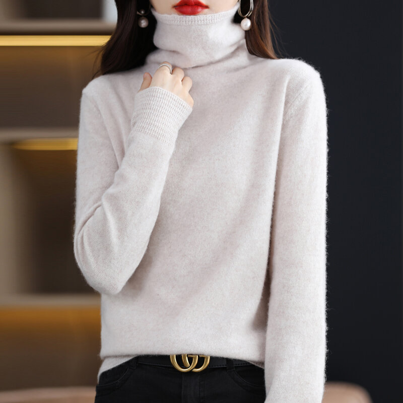 Sweter Kerah Tumpuk Musim Gugur dan Dingin Baru Sweter Mode Mulus Lini Pertama Wanita 100% Sweter Rajut Longgar Dukungan Wol Insid