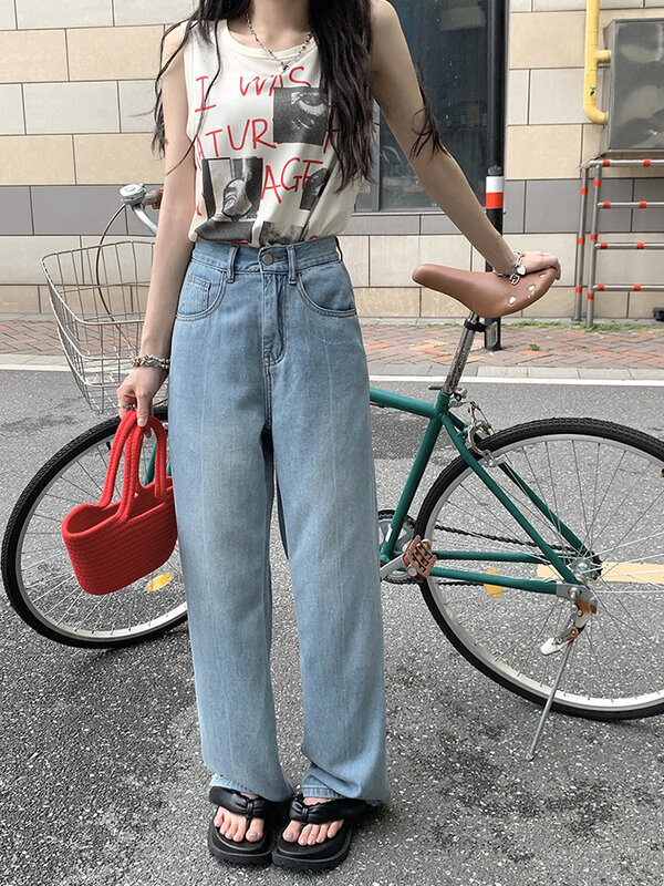Женские прямые мешковатые джинсовые брюки, винтажные голубые джинсовые длинные брюки, простые Повседневные базовые уличные брюки в Корейс...