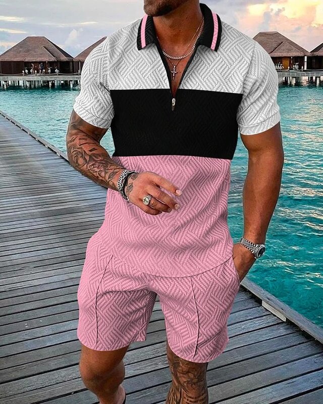 新夏メンズポロtシャツセット男性スリム3D-Printedポロスーツストライプポロシャツ快適なショーツv襟の男性の服