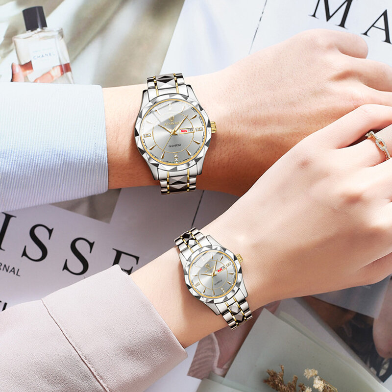 Zegarek dla pary diamentowa tarcza modowy BINBONG cotygodniowy świecący wyświetlanie kalendarza zegarek kwarcowy 2023 nowy zegarek dla pary wodoodporny 5552