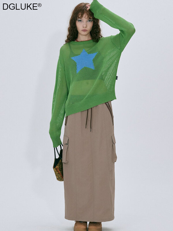 Estrela de malha camisola y2k feminino outono pulôver camisola oversized camisola de natal topo verde preto manga longa camiseta harajuku