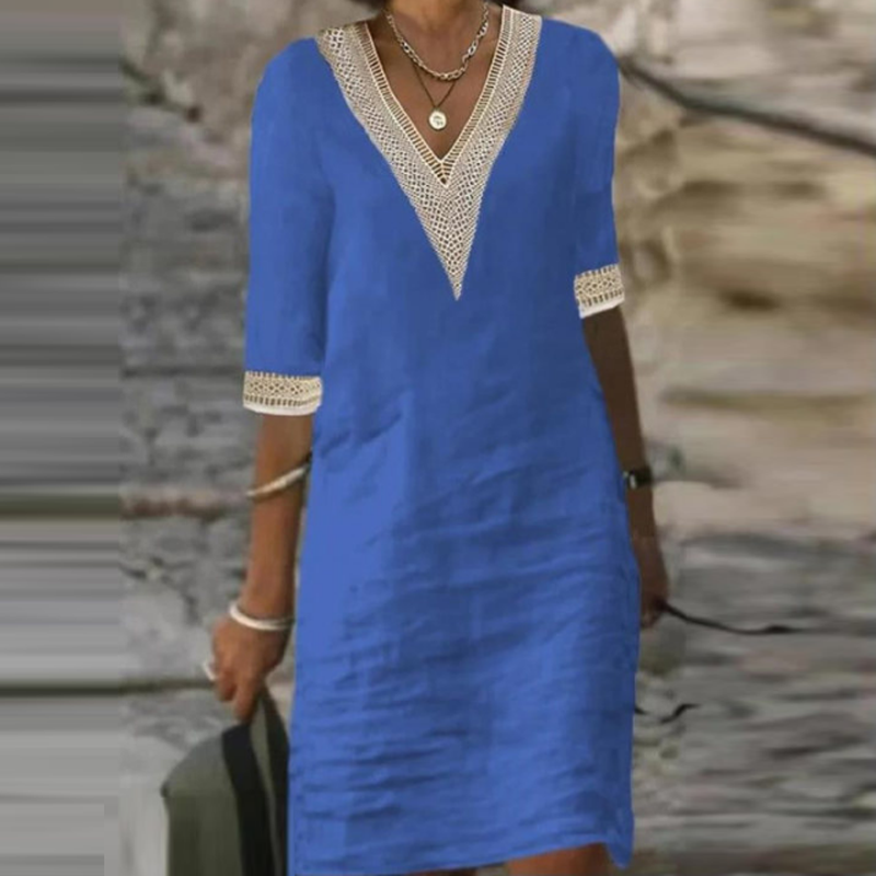 Женское однотонное платье с V-образным вырезом, летние винтажные Мини-платья из хлопка и льна с лямкой на шее, женские повседневные платья оверсайз с рукавом до локтя, платья