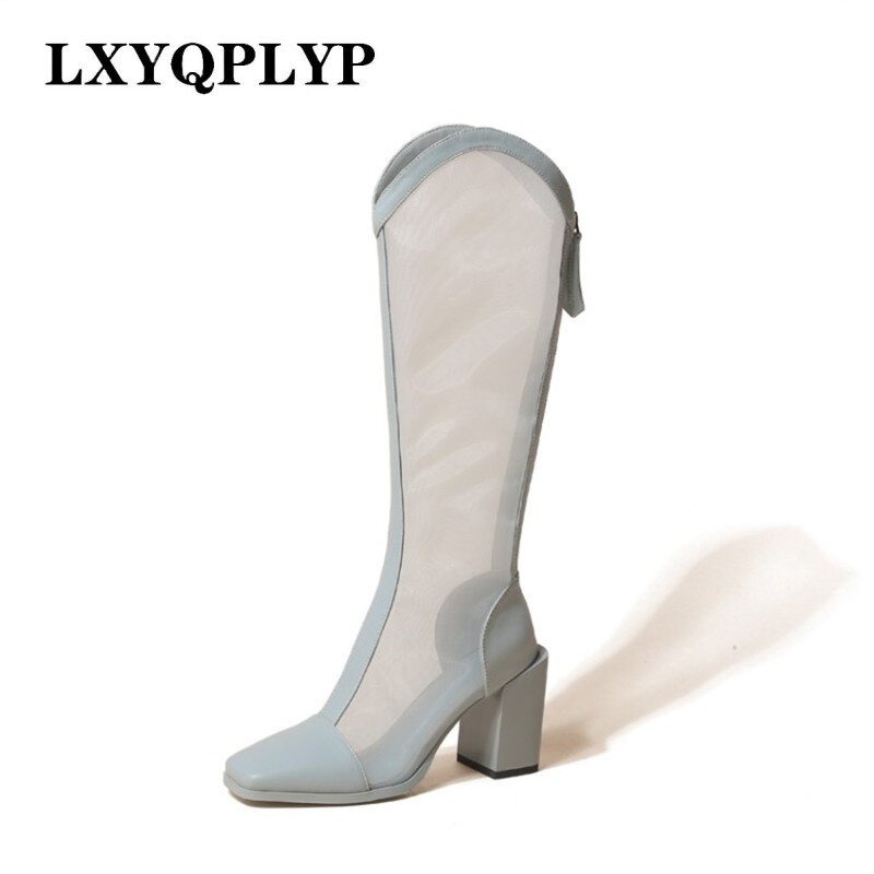 2022 spring and summer boots show thin high-heeled mesh sandals thick-heeled square toe leather hollow stitching high-top shoes