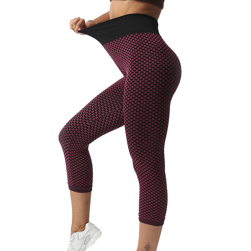 VISNXGI Celana Yoga Ketat Grid Legging Wanita Pinggang Tinggi Mulus Pakaian Push Up Fitness Gym Sejuk Capris Latihan Mid-Calf