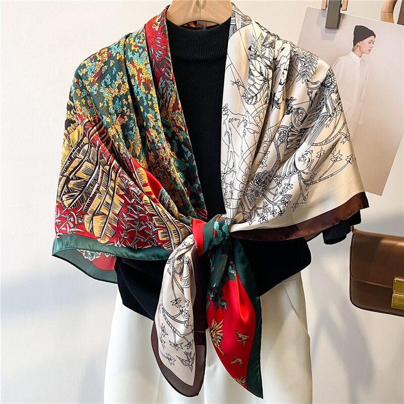 Designer Print Printing Women Large Shawl Sunscreen Bandana Designer Silk Scarf Square Wrap Hijab Headscarf 110cm*110cm Foulard