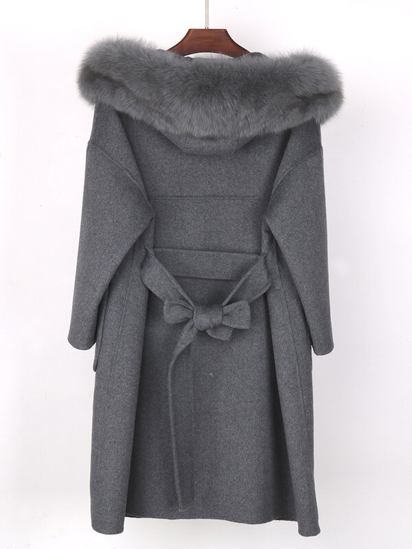 Mantel Bulu Asli 2022 Jaket Musim Dingin Wanita Longgar Kerah Bulu Rubah Alami Kasmir Campuran Wol Pakaian Luar Panjang Sabuk Streetwear
