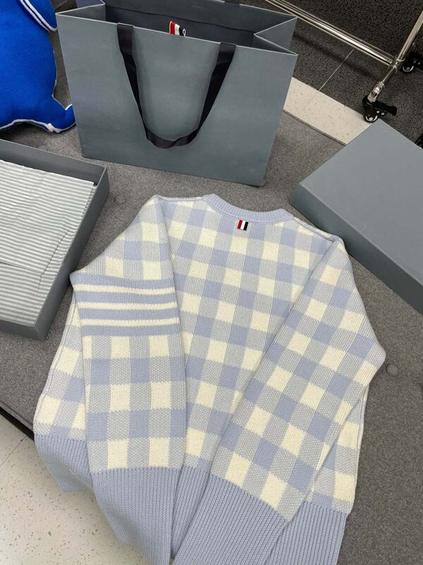 Tb thom camisolas de malha masculina novo design de algodão macio crewneck sweatshirts marca de moda outono primavera masculino camisola xadrez