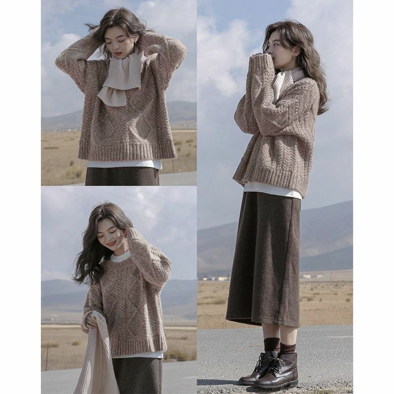 2022 Diamond-Shaped Twisted Flower Knitted Sweater For Women's Autumn/Winter Casual Commuting Skirt Two-Piece Set